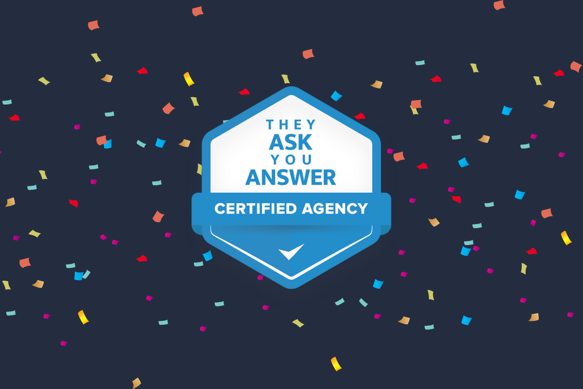 They Ask, You Answer certified badge tegen een donkere achtergrond met confetti