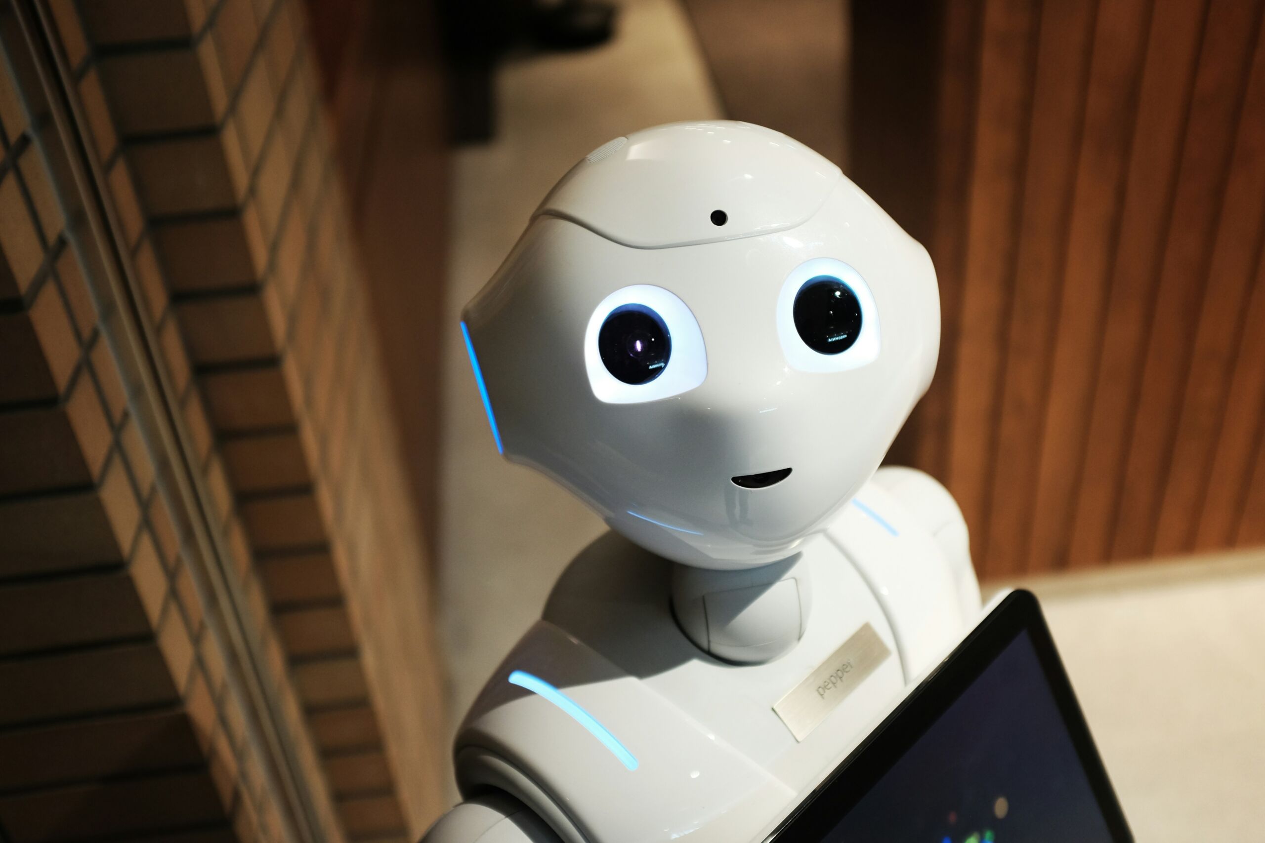 Een witte humanoïde robot met grote, ronde, blauwe ogen en een vriendelijk gezicht staat binnen in een gebouw. De robot lijkt interactief te zijn, met een display op de borst en een camera op het voorhoofd. De omgeving heeft houten en bakstenen muren.