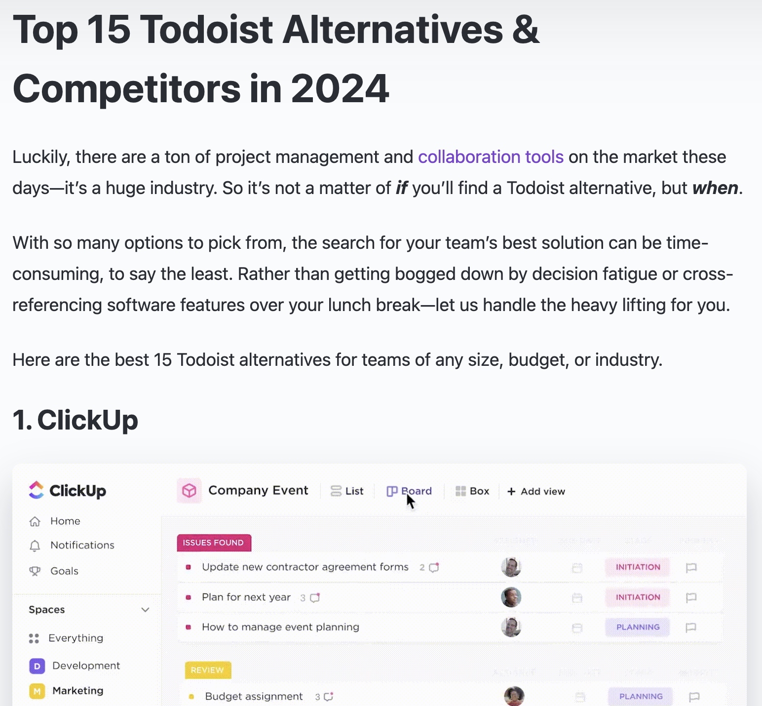 amenwerkingshulpmiddelen, beginnend met ClickUp als eerste alternatief voor Todoist. De interface van ClickUp wordt getoond met verschillende taken en projectbeheeropties.