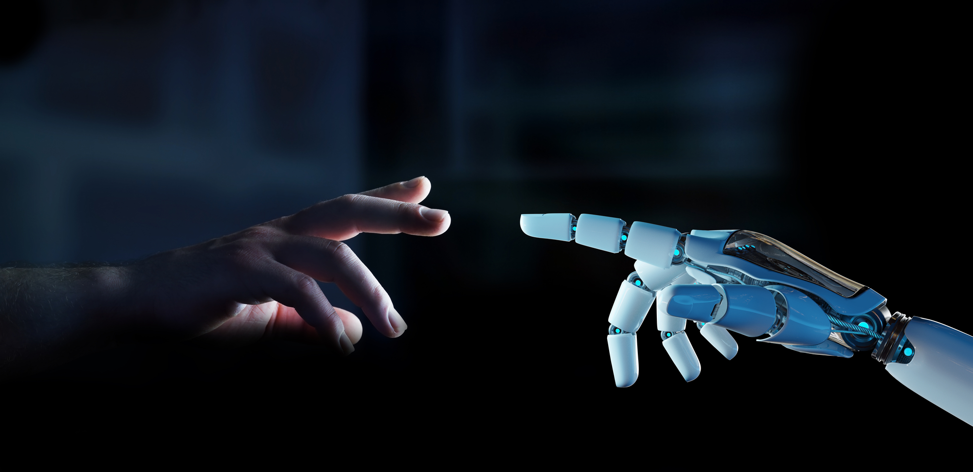 Een menselijke hand en een robotische hand reiken naar elkaar toe, waarbij hun vingertoppen bijna elkaar raken.