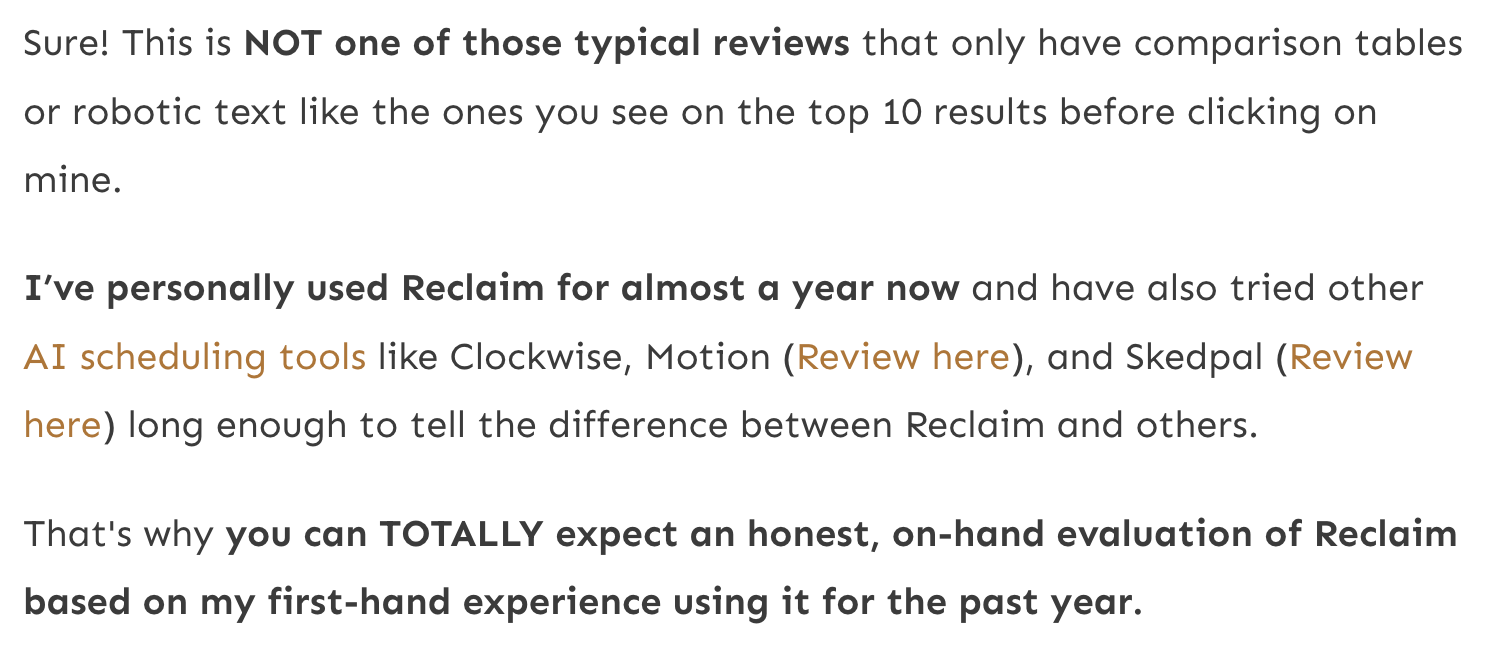Afbeelding van een recensie die aangeeft dat de auteur bijna een jaar ervaring heeft met het gebruik van Reclaim, een AI-planningshulpmiddel. De auteur vergelijkt Reclaim met andere tools zoals Clockwise, Motion en Skedpal, en benadrukt dat de recensie gebaseerd is op persoonlijke ervaring.