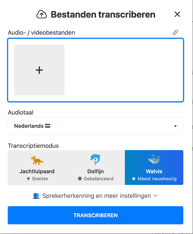 Een screenshot van een transcriptieprogramma waarin audio- of videobestanden kunnen worden geüpload om te worden getranscribeerd. De interface toont opties voor de taal van de audio (Nederlands) en verschillende transcriptiemodi, zoals Jachtluipaard, Dolfijn, en Walvis, met “Walvis” als meest nauwkeurige modus geselecteerd.